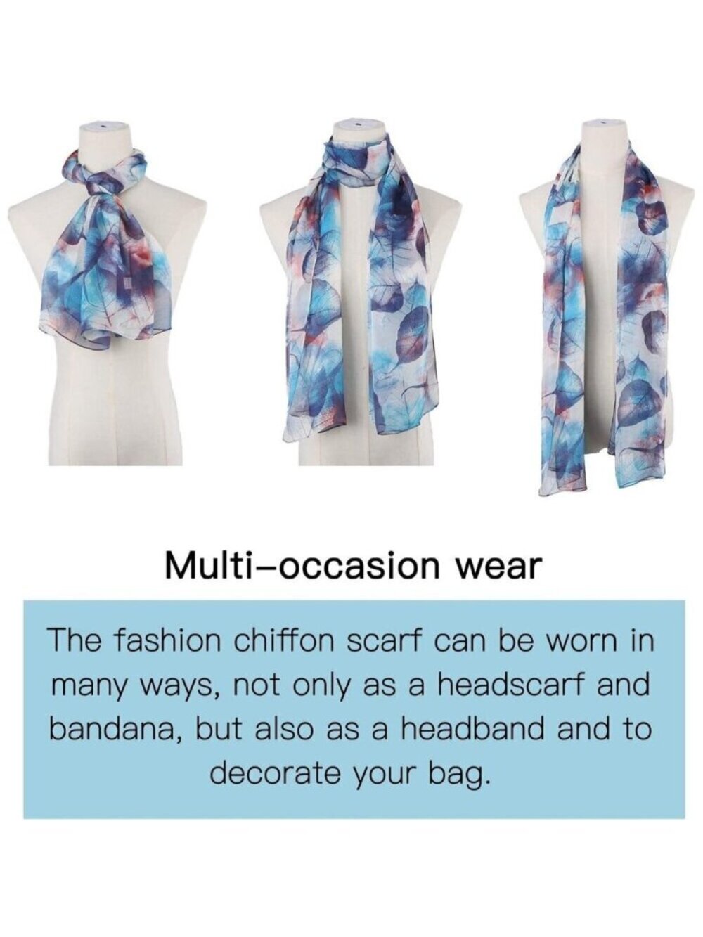 Women's Navy+orange Fashion Lightweight Head Scarf Floral Print Chiffon Scarves - Picture 4 of 7